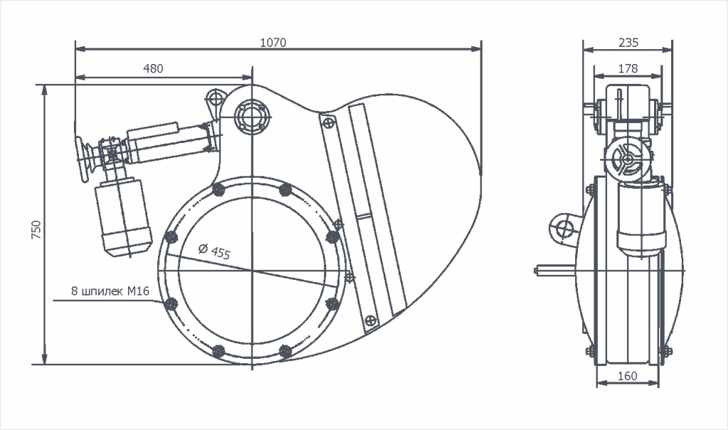 Габаритный чертёж 2ЗВЭ-400Р с редуктором
